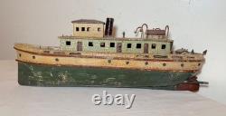 Modèle de bateau remorqueur en bois sculpté à la main, art populaire antique rare