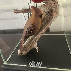 Oiseaux en bois sculptés à la main, paire de cardinaux, art populaire, leurre encastré, Menard, Vermont