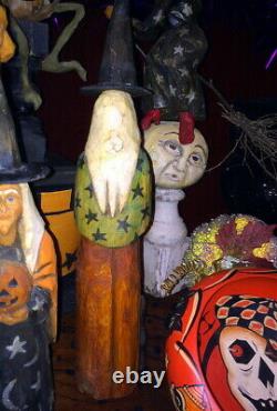 Orig Ooak Main Sculpté Anthony Costanza Halloween Folkart Witch W Black Cat Signé