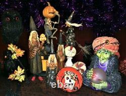 Orig Ooak Main Sculpté Anthony Costanza Halloween Folkart Witch W Black Cat Signé