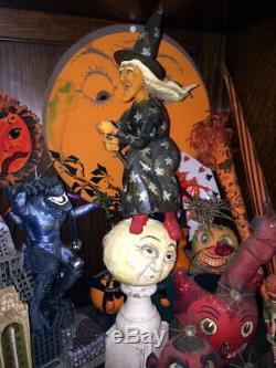 Orig Ooak Sculpté À La Main Anthony Costanza Halloween Folk Art Sorcière Sur La Lune, Signd