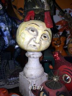 Orig Ooak Sculpté À La Main Anthony Costanza Halloween Folk Art Sorcière Sur La Lune, Signd