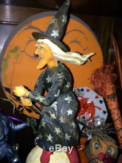 Orig Ooak Sculpté À La Main Anthony Costanza Halloween Folk Art Sorcière Sur La Lune, Signd