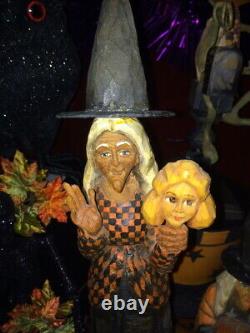 Orig. Ooak Sculpté À La Main Anthony Costanza Halloween Folk Art Sorcière W Masque, Signé