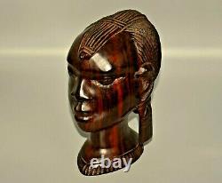Original Vintage Signé Antique African Ebony Sculpté Tête Femme Buste Statue