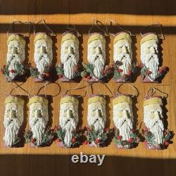 Ornements de Noël en bois sculptés à la main - Ensemble de 12 Santas fantaisistes vintage 8x3
