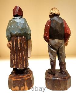 Paire de figurines en bois d'art populaire sculptées à la main et peintes - Statue - Antique VTG Rare