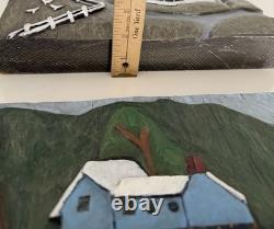 Paire de plaques en bois sculptées à la main en art populaire 3D peintes représentant un barn et un pont couvert de ferme.
