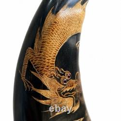 Paire de sculptures de dragons en corne de buffle d’eau vintage sculptée, art populaire asiatique, 14 pouces de hauteur