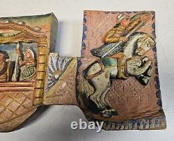 Panneau arrière en bois sicilien antique de chariot FOLK ART Sculpture de chevaux de chariot colorée