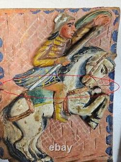 Panneau arrière en bois sicilien antique pour chariot FOLK ART Chevaux de chariot SCULPTURE Coloré