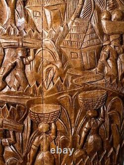 Panneau en bois sculpté d'art populaire haïtien vintage, Récolte, Initialé F. P
