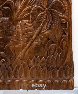Panneau en bois sculpté d'art populaire haïtien vintage, Récolte, Initialé F. P