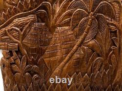 Panneau en bois sculpté d'art populaire haïtien vintage, Récolte, Initialé F. P