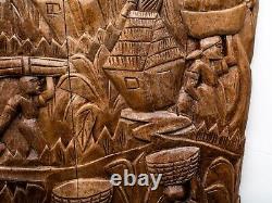Panneau en bois sculpté d'art populaire haïtien vintage, Récolte, Initialé F. P