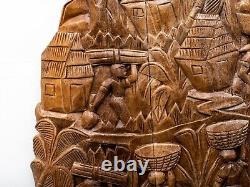 Panneau en bois sculpté d'art populaire haïtien vintage, Récolte, Initialé F. P