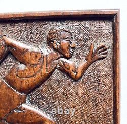 Panneau en relief en bois sculpté d'art populaire Art Deco antique du coureur de piste 1942 signé
