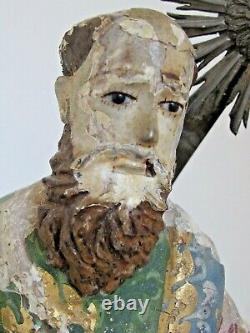 Peinture Originale Mexicaine Antique Santo Figurine Sculptée À La Main 13 Tall 18e C