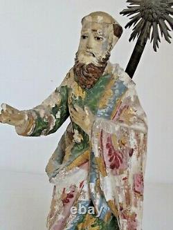 Peinture Originale Mexicaine Antique Santo Figurine Sculptée À La Main 13 Tall 18e C
