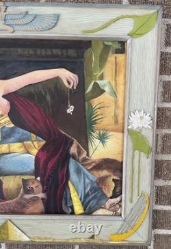 Peinture naïve d'art populaire Cléopâtre avec cadre sculpté sur mesure