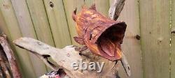 Perche à grande bouche sculptée à la main en bois d'art populaire sur support en bois flotté de rivière