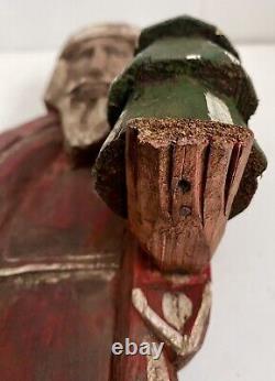Père Noël Primitif En Bois Avec Arbre Sculpté À La Main Peint À La Main 16.5 Folk Art