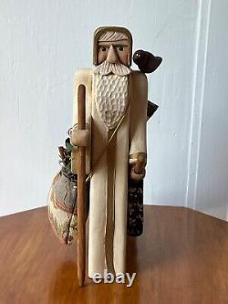 Père Noël en bois sculpté peint et signé par un artiste américain 9.5 x 6 Art populaire