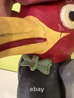 Perroquet en bois sculpté et peint à la main, art populaire, avec chapeau et nœud papillon, pièce unique, 13