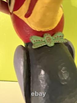 Perroquet en bois sculpté et peint à la main, art populaire, avec chapeau et nœud papillon, pièce unique, 13