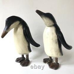 Pingouins Grandes Figurines Paire Bois Sculpté Art Populaire Vtg Peints En Bois Sculptures