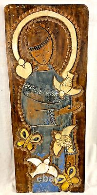Plaque en bois sculptée de Saint François, art populaire brésilien vintage, signée Batista, milieu des années 1900