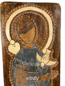 Plaque en bois sculptée de Saint François, art populaire brésilien vintage, signée Batista, milieu des années 1900