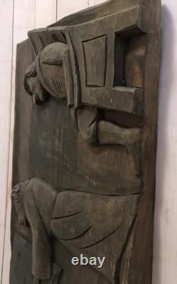 Plaque en relief en bois sculpté d'art populaire ancien, enseignant et étudiant, primitif