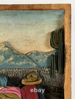 Plaque murale en bois en relief sculpté de famille campesino, art populaire mexicain des années 1930-1940.