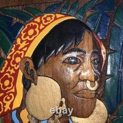 Plaque murale en bois sculpté et peint à la main représentant une femme, art populaire, souvenir décoratif du Panama