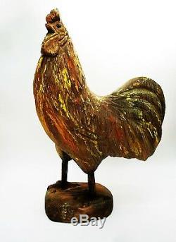 Polychrome Coq. Americana Folk Art Antique Sculpture En Bois Primitif
