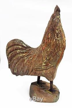 Polychrome Coq. Americana Folk Art Antique Sculpture En Bois Primitif