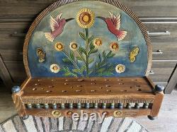 Porte-cuillère mural en bois sculpté vintage d'art populaire mexicain avec fleurs et oiseaux