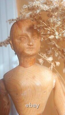 Poupée mannequin d'artiste français antique, en bois, art populaire, en pin sculpté à la main de 13 pouces