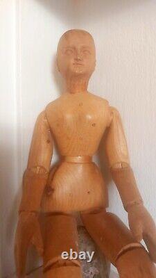 Poupée mannequin d'artiste français antique, en bois, art populaire, en pin sculpté à la main de 13 pouces