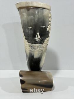 Présentation de cornes à poudre, corne à poudre sculptée, art populaire de la gravure sur corne à poudre, magnifique navigation