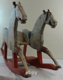 Primitive Folky Child’s Rocker Carved Wood Horses In Original Paint Vers 1900