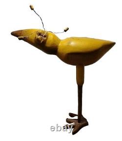 RARE Art Populaire Oiseau Marin Sculpté à la Main en Bois Jaune Vert Gooney Bird 15 Pouces de Haut