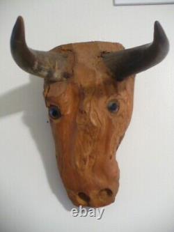 RARE Jesse Aaron Folk Art Sculpture en Bois Taillé à la Main de Taureau Art Outsider 1971