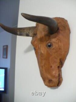 RARE Jesse Aaron Folk Art Sculpture en Bois Taillé à la Main de Taureau Art Outsider 1971