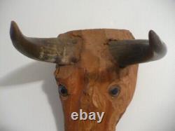 RARE Jesse Aaron Folk Art Sculpture en Bois Taillé à la Main de Taureau Art Outsider 1971