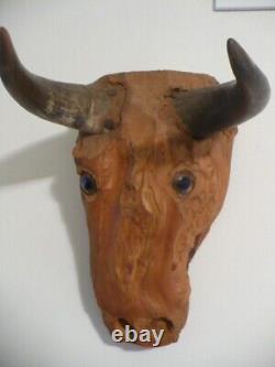 RARE Jesse Aaron Folk Art Sculpture en Bois Taillé à la Main de Taureau Art Outsider 1971