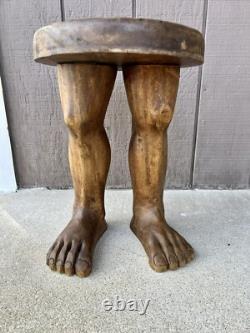 RARE Table d'appoint / tabouret en bois massif sculpté à la main, jambes/pieds d'art populaire