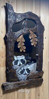 Raccons Sculptés À La Main Et Feuilles Dans L'arbre Mur Miroir Chainsaw Folk Art Carving