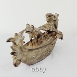 Rare Antique Wood Carving Inca Sculpture Homme Paddling Dog Boat Péroun Folk Art